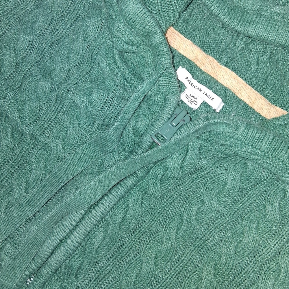 American Eagle Green Cable Knit Sweater Hoodie Zip Up Front Girls 7/8 7 8 EUC